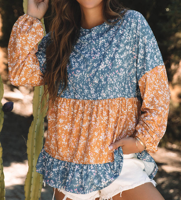 Cecilia Floral Ruffled Hem Round Neck Blouse (S-2XL) 2 Colors