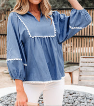 Nevaeh Lace Ric Rac 3/4 Puff Sleeve Collared Babydoll Blouse (S-XL)