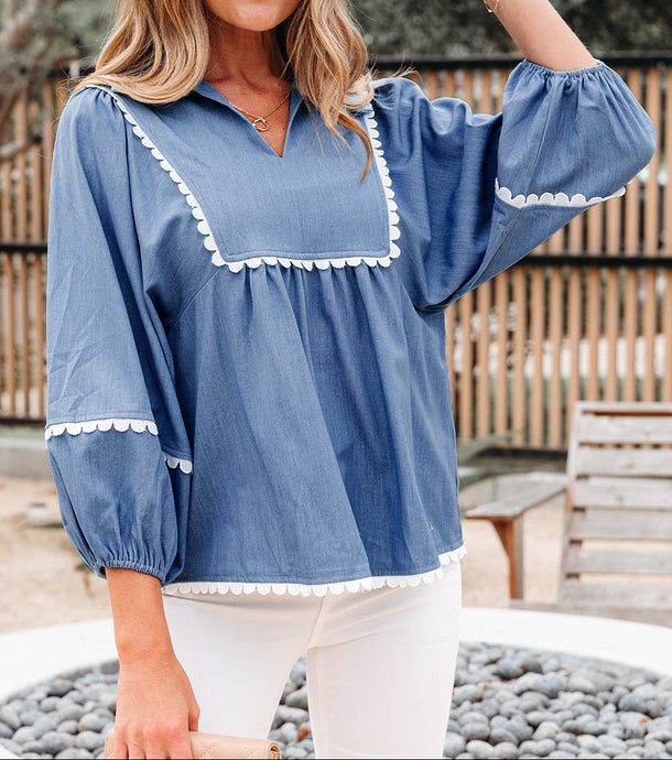 Nevaeh Lace Ric Rac 3/4 Puff Sleeve Collared Babydoll Blouse (S-XL)