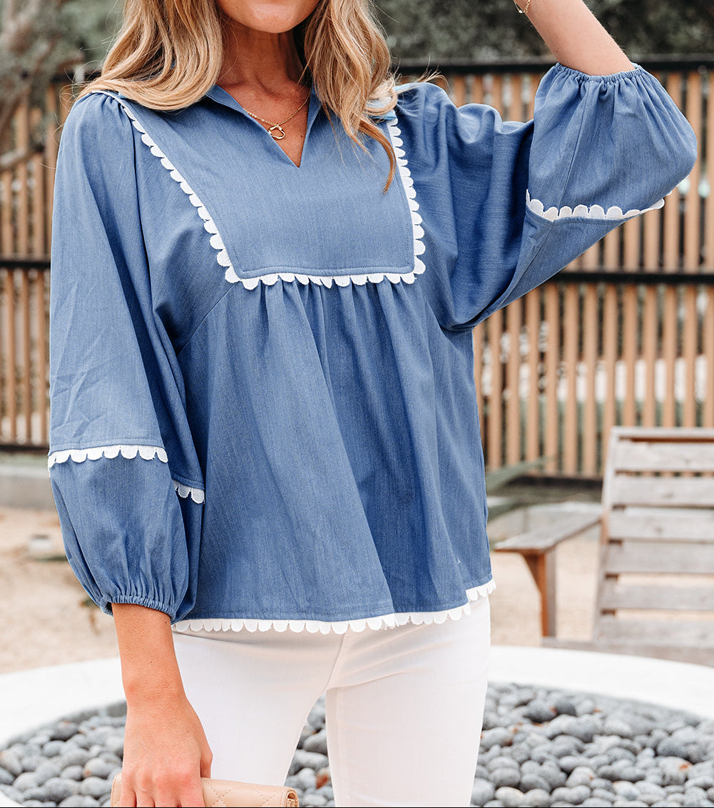 Nevaeh Lace Ric Rac 3/4 Puff Sleeve Collared Babydoll Blouse (S-XL)