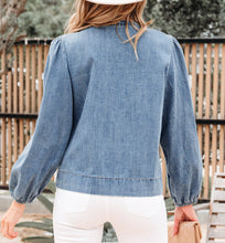 Oakley Tied Front Long Puff Sleeve Denim Top (S-XL)