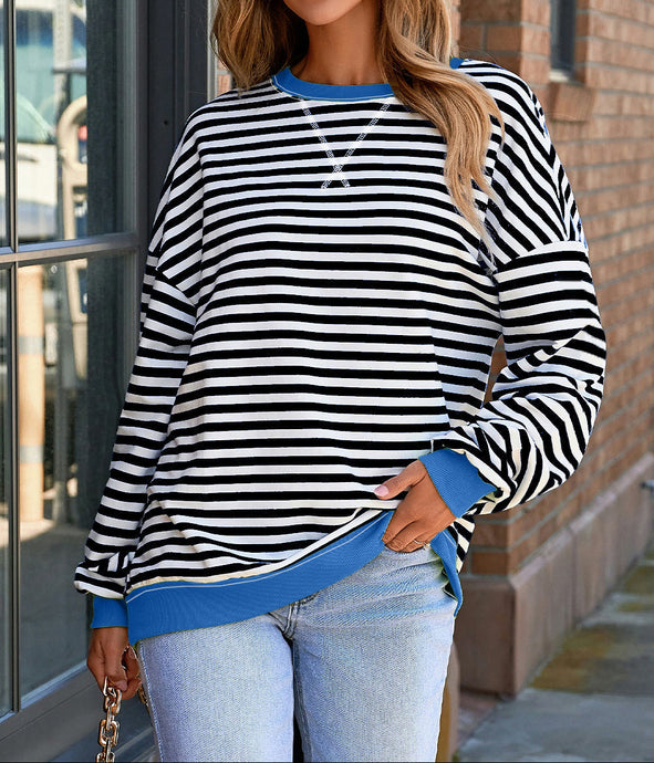 Elliana Stripe Crossed Stitch Drop Shoulder Sweatshirt (S-2XL) 5 Colors