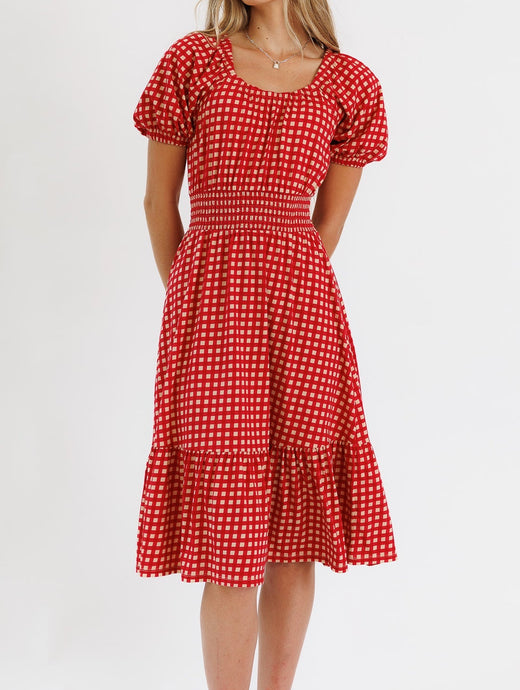 Sweetheart Red Check Smocked Dress (S-2XL)