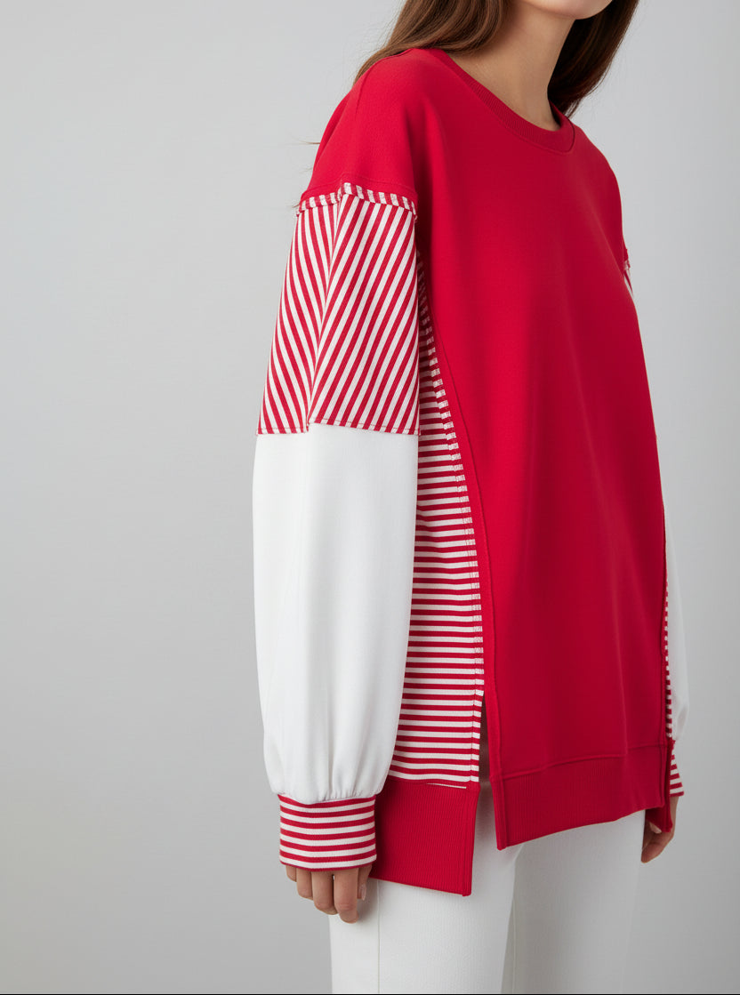 Aaliyah Red Striped Patchwork Sleeve Colorblock Sweatshirt (S-XL)