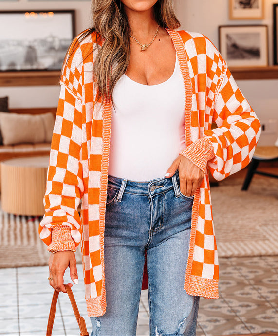 Wrenley Checkered Open Front Drop Shoulder Cardigan (S-XL)