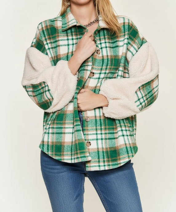 Plaid Fuzzy Sleeve Jacket (S-XL)