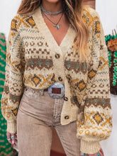 Western Pattern Knitted Button V Neck Cardigan Sweater (S-XL)