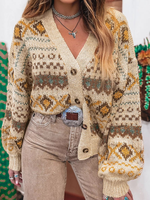 Western Pattern Knitted Button V Neck Cardigan Sweater (S-XL)