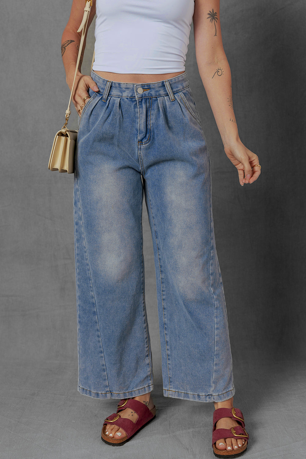 Scottie Blue Washed Pleated Detail Wide Leg Jeans (4-16)