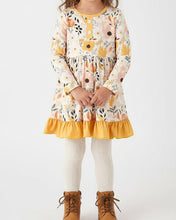 Yellow Gold Floral Long Sleeve Ruffled Girls Dress (2-7)