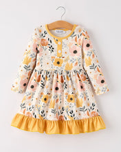 Yellow Gold Floral Long Sleeve Ruffled Girls Dress (2-7)