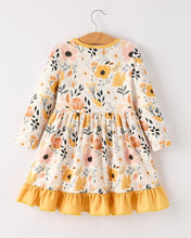 Yellow Gold Floral Long Sleeve Ruffled Girls Dress (2-7)