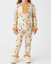 Yellow Gold Floral Print Girls Pajamas Set with Ruffles (2-7)