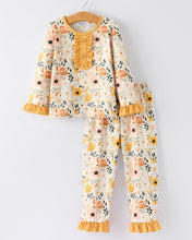 Yellow Gold Floral Print Girls Pajamas Set with Ruffles (2-7)