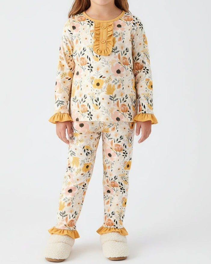 Yellow Gold Floral Print Girls Pajamas Set with Ruffles (2-7)