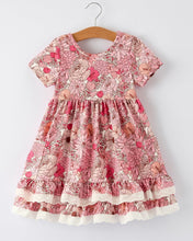 Sweet Pink Floral Pattern Girls Dress with Pockets and Ruffle Hem (2-7)