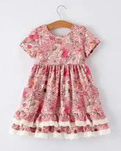 Sweet Pink Floral Pattern Girls Dress with Pockets and Ruffle Hem (2-7)