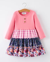 Pink Autumn Patchwork Floral & Plaid Long Sleeve Girls Dress (2-7)