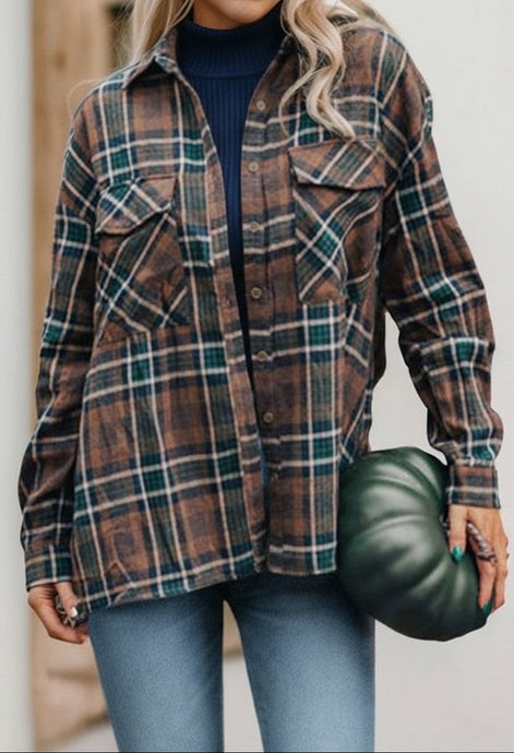 Plaid Print Chest Pockets Buttoned Shacket (S-L)