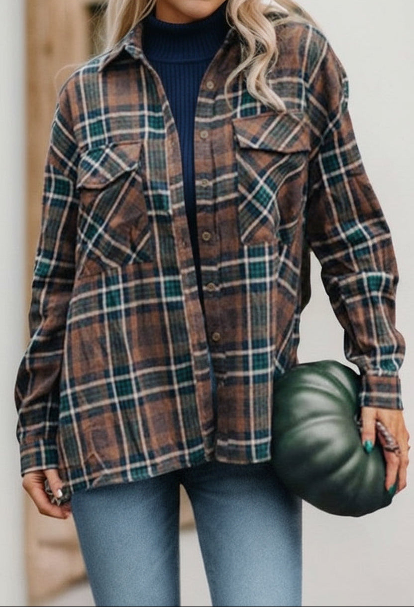 Plaid Print Chest Pockets Buttoned Shacket (S-L)