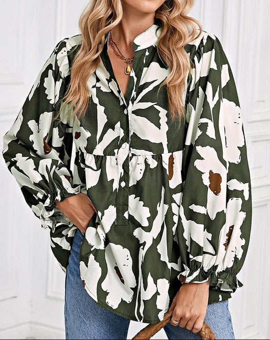 60s Flower Frill Neck Loose Blouse (S-XL)