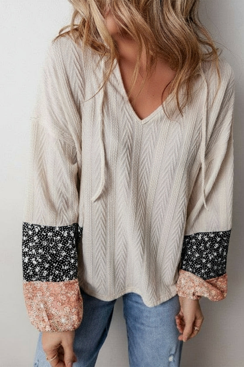 Cable Knit Print Floral Patch Balloon Blouse (S-XL) 2 Colors