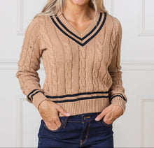 V-Neck Camel Cable Cricket Sweater (XS-XL)