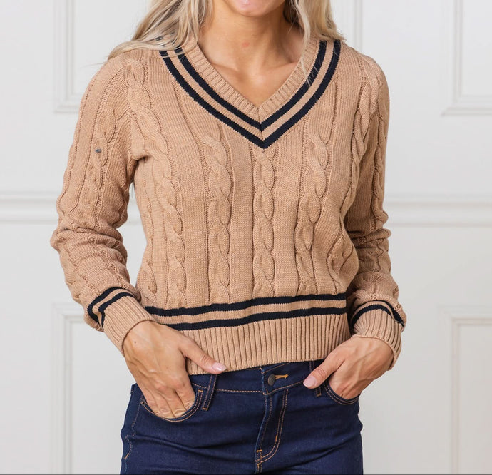 V-Neck Camel Cable Cricket Sweater (XS-XL)