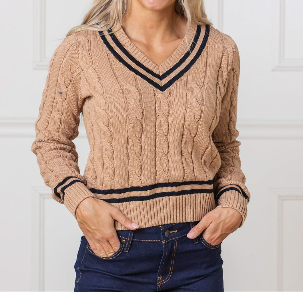 V-Neck Camel Cable Cricket Sweater (XS-XL)