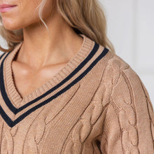 V-Neck Camel Cable Cricket Sweater (XS-XL)