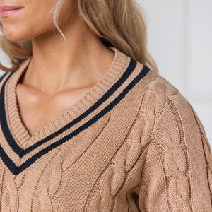 V-Neck Camel Cable Cricket Sweater (XS-XL)