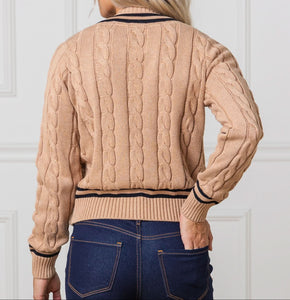 V-Neck Camel Cable Cricket Sweater (XS-XL)