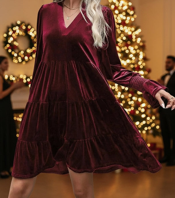 Elegant Velvet Long Sleeve  Solid Color Dress (S-XL) 2 Colors