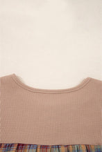 Cotton Waffle Stripe Plaid Patchwork Henley Top (S-XL)