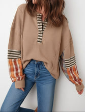 Cotton Waffle Stripe Plaid Patchwork Henley Top (S-XL)