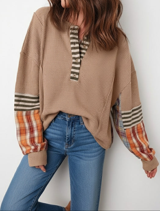 Cotton Waffle Stripe Plaid Patchwork Henley Top (S-XL)
