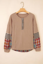 Cotton Waffle Stripe Plaid Patchwork Henley Top (S-XL)