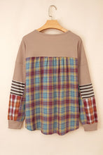 Cotton Waffle Stripe Plaid Patchwork Henley Top (S-XL)