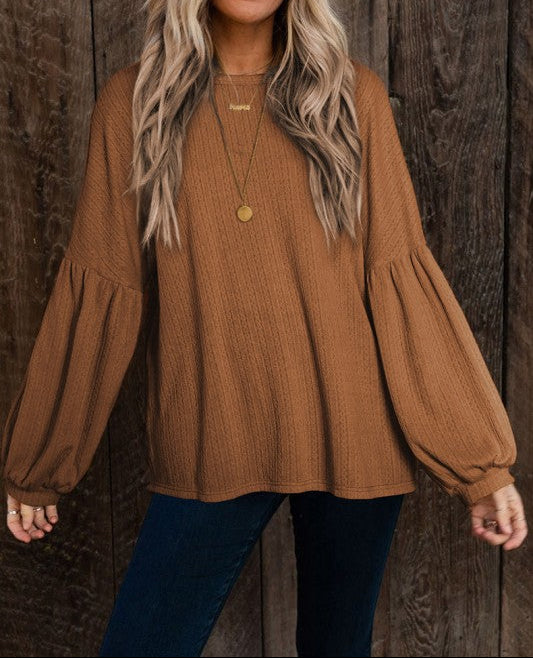 Faux Knit Jacquard Puffy Long Sleeve Top (S-L)