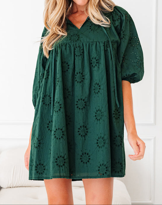Beth Puffy Sleeve Dark Green Eyelet Mini Dress (S-XL)