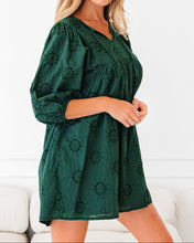 Beth Puffy Sleeve Dark Green Eyelet Mini Dress (S-XL)