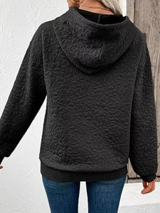 Black Floral Quilted Hoodie Drawstring With Pocket (S-2XL)