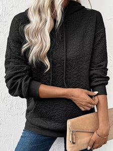 Black Floral Quilted Hoodie Drawstring With Pocket (S-2XL)