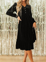 Olivia Velvet Buttoned Puff Sleeve V Neck Split Midi Dress (S-XL) 2 Colors