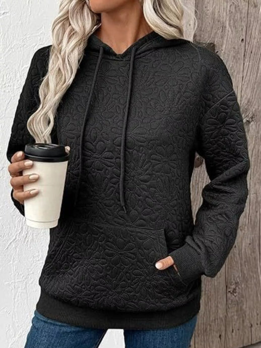 Black Floral Quilted Hoodie Drawstring With Pocket (S-2XL)