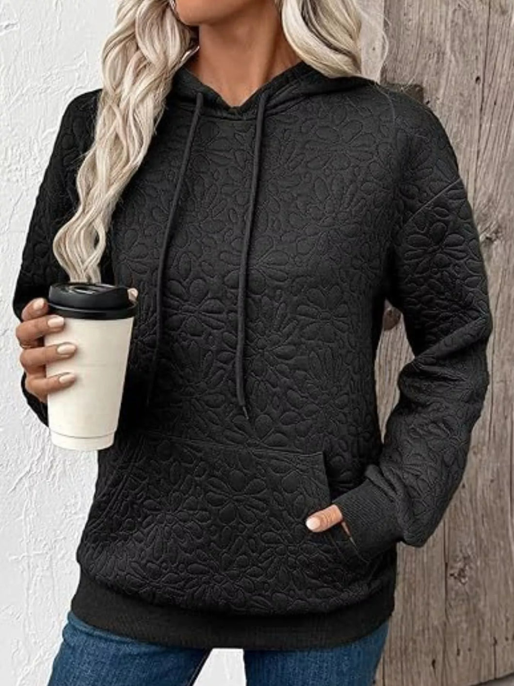Black Floral Quilted Hoodie Drawstring With Pocket (S-2XL)