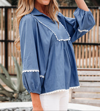 Nevaeh Lace Ric Rac 3/4 Puff Sleeve Collared Babydoll Blouse (S-XL)