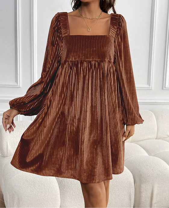 Velvet Square Neck Long Sleeve Dress (S-XL) Brown, Dark Green