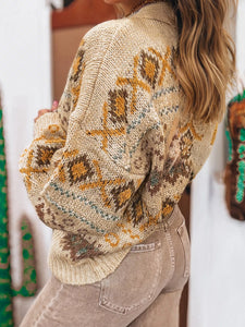 Western Pattern Knitted Button V Neck Cardigan Sweater (S-XL)
