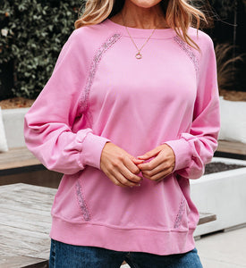 Lilah Lace Patched Raglan Sleeve Loose Fit Sweatshirt (S-XL)